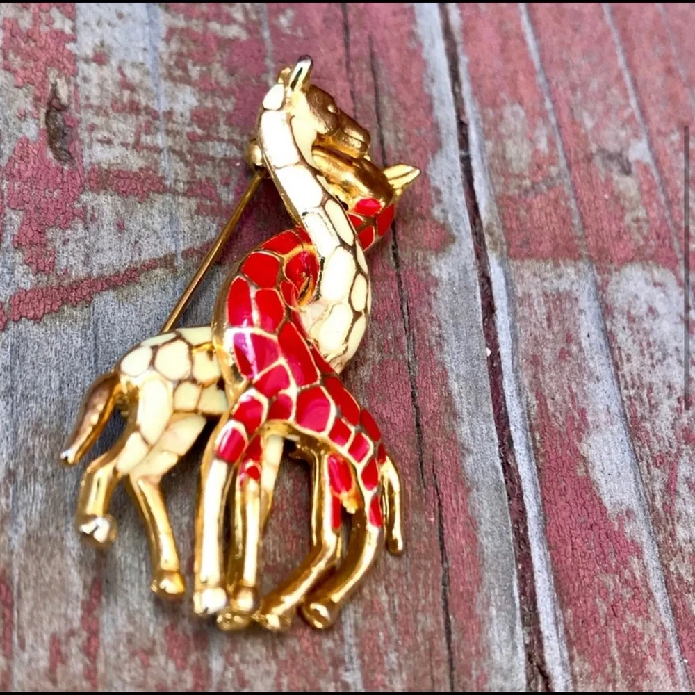 Vintage Gold Toned Enamel Entwined Giraffes Pin Brooch Orange Yellow